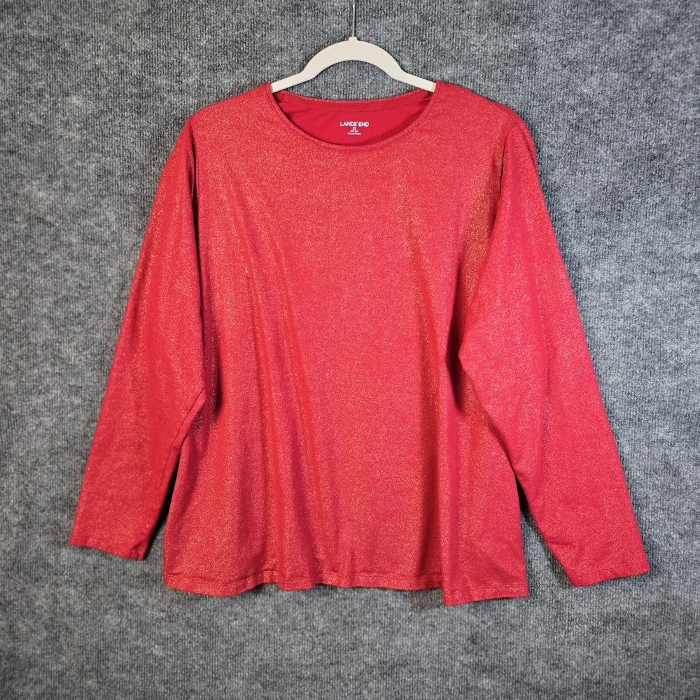 Lands End T Shirt Womens 2X Red Silver Sparkle Knit Long Sleeve Festive